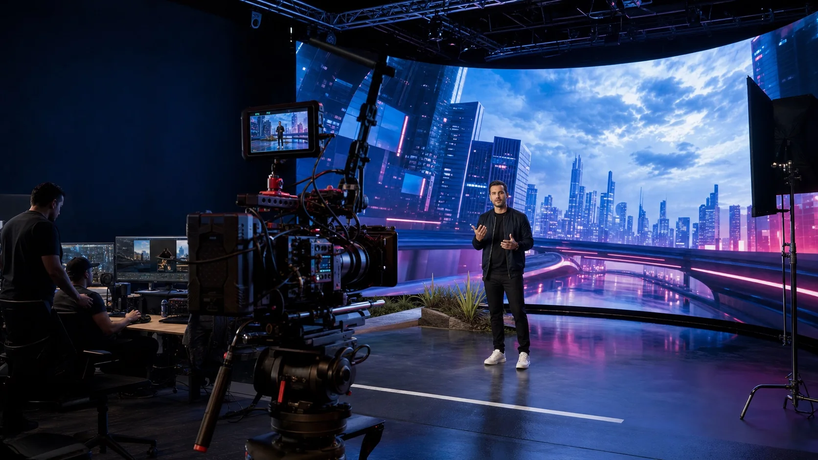 Produção de conteúdo com virtual production em estúdio com câmera e LED wall