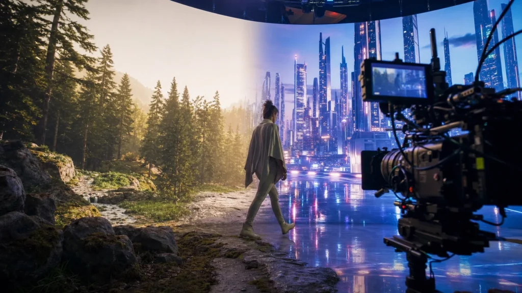 Produção virtual e storytelling com personagem entre dois cenários digitais