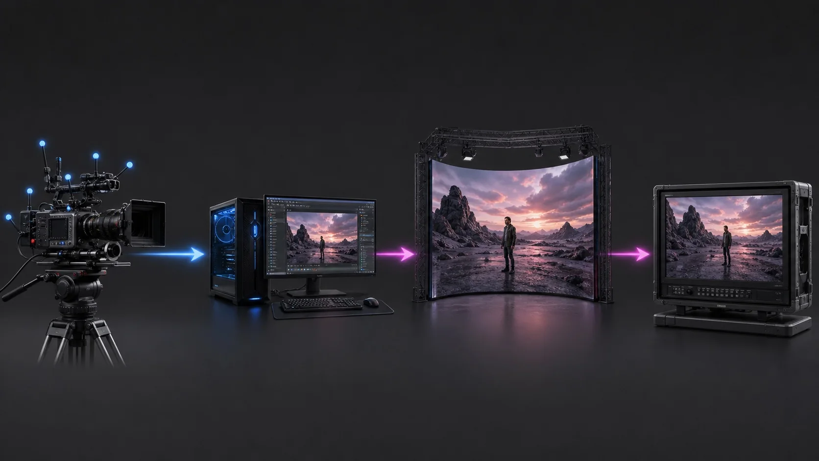 Fluxo entre tracking, Unreal Engine, LED wall e câmera